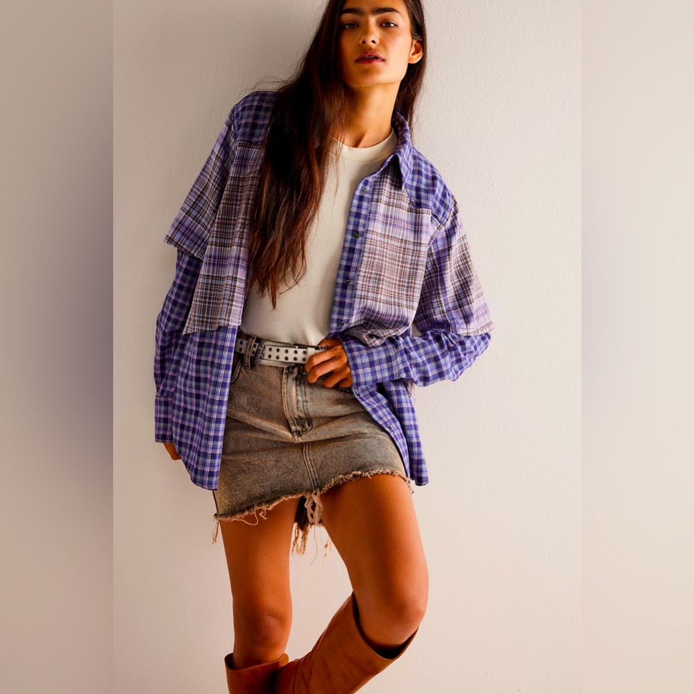 We The Free Layer It Up Plaid Top NWOT Size XS Blue Combo